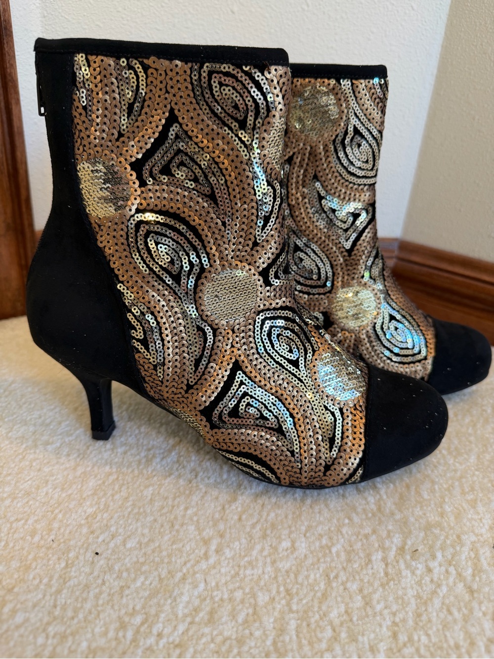 Joan Boyce Black & Gold Sequin Ankle Boots - Women's Dress Booties